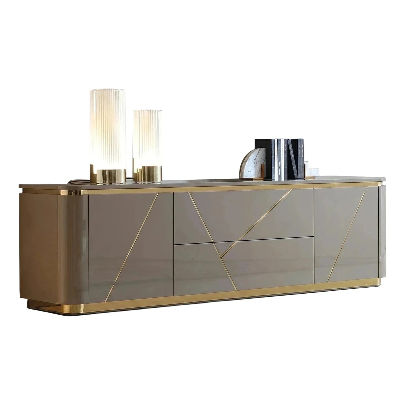 Modern Grey Glossy Sideboard with Geometric Gold Trim