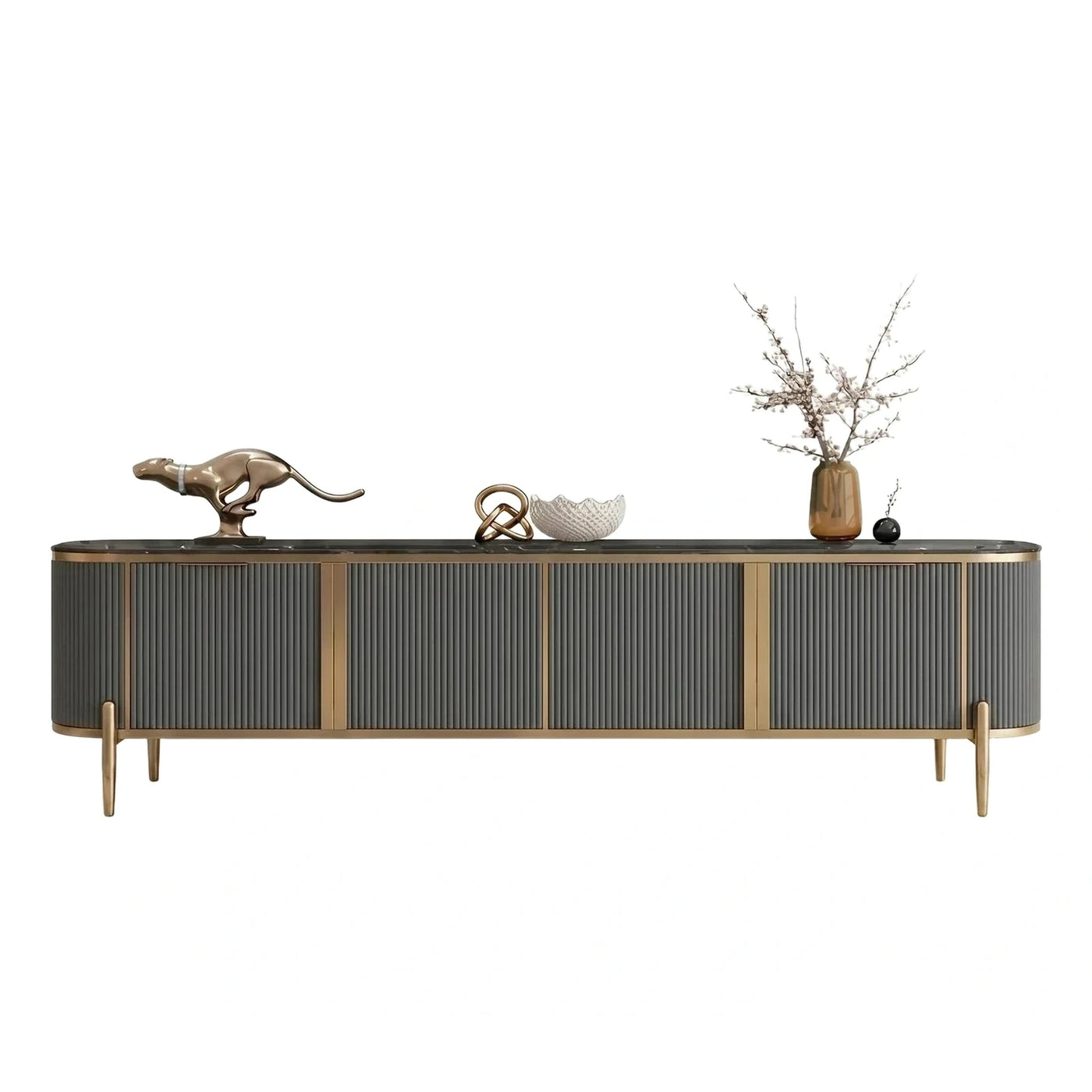 Modern Grey Fluted Sideboard with Gold Metal Frame