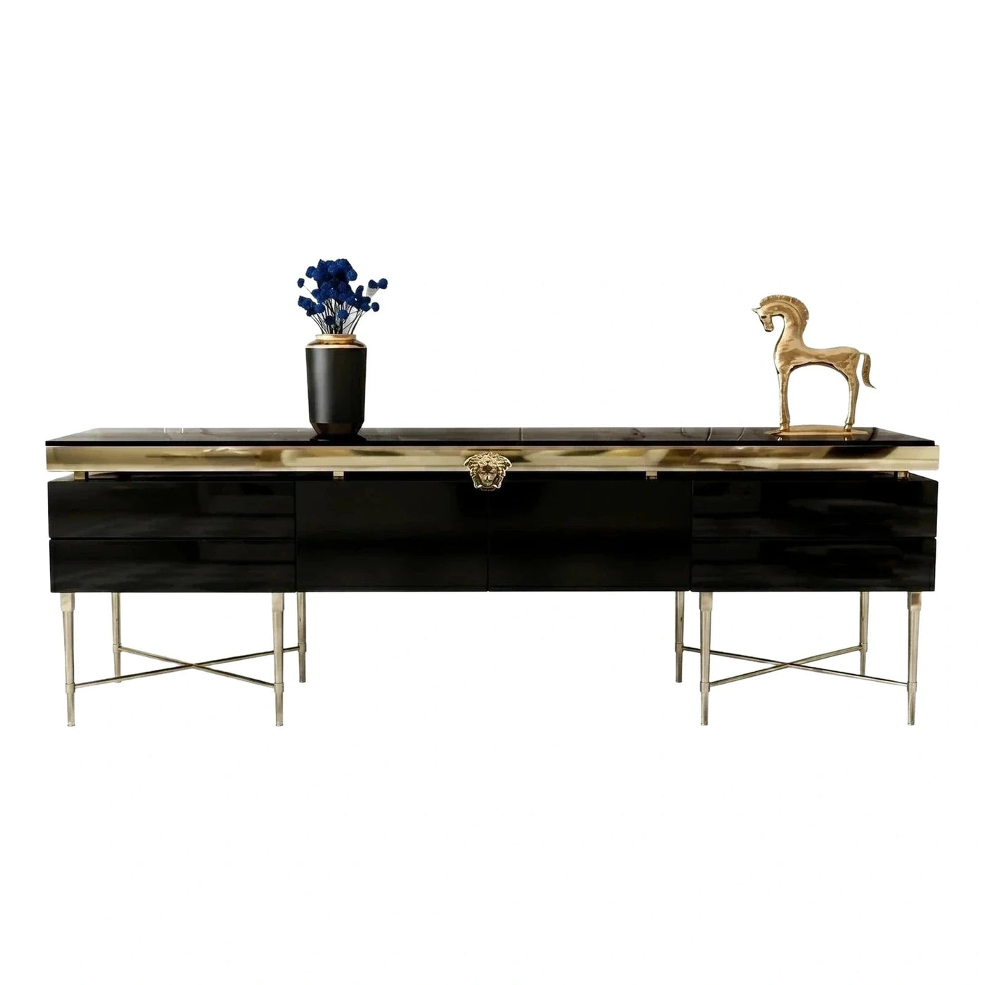 Modern Black Glossy Sideboard with Gold Metal Legs