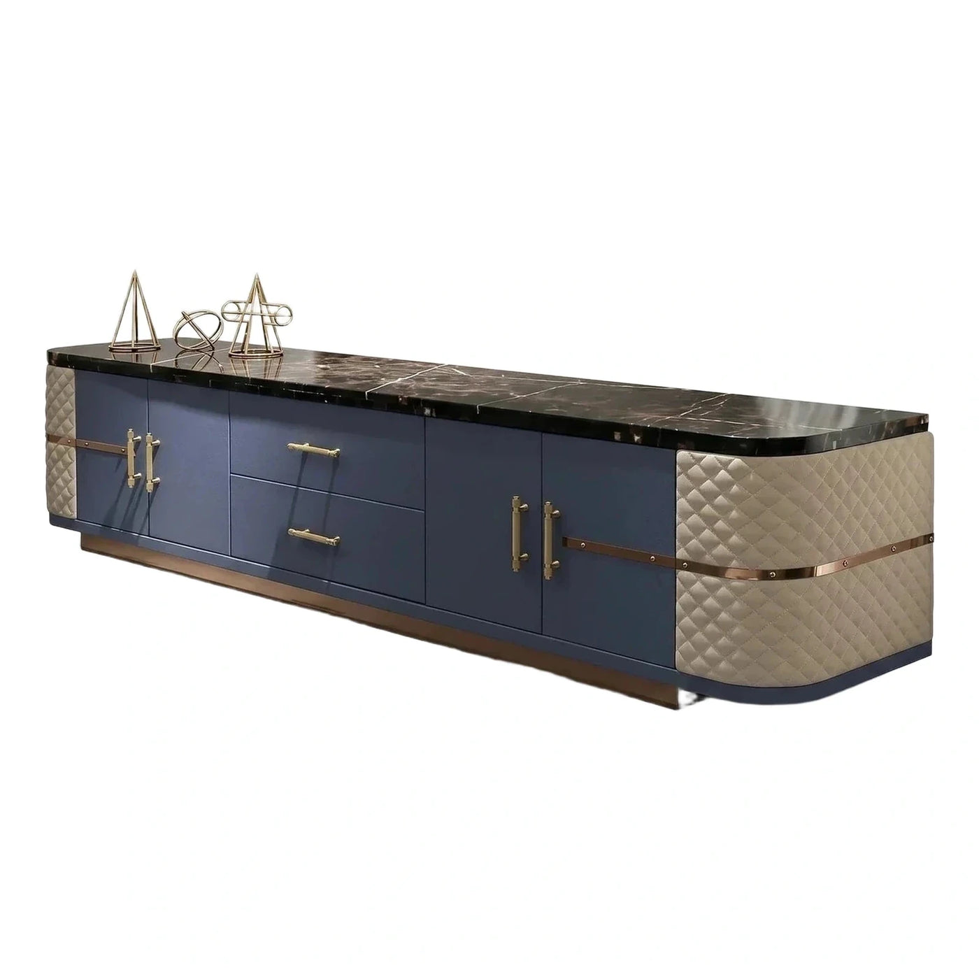 Luxury Blue Sideboard with Black Marble Top and Quilted Sides