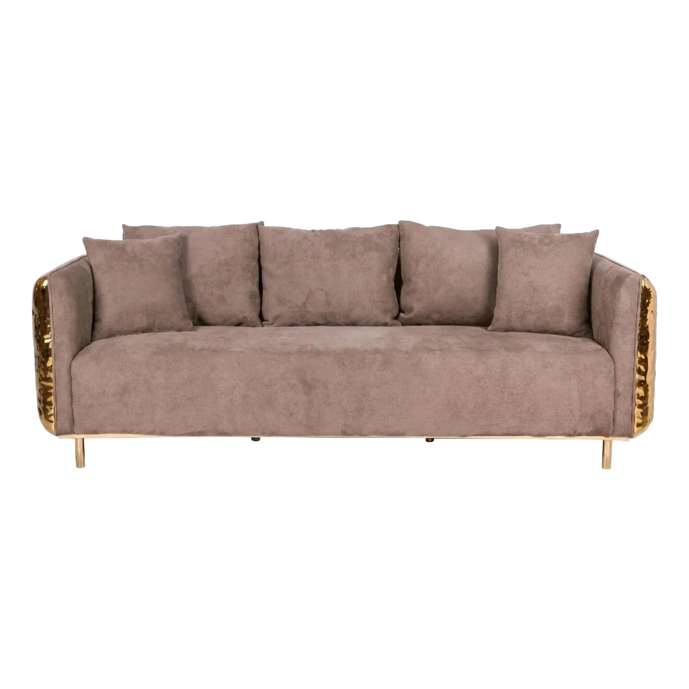 Modern Taupe Velvet Sofa with Hammered Gold Arms