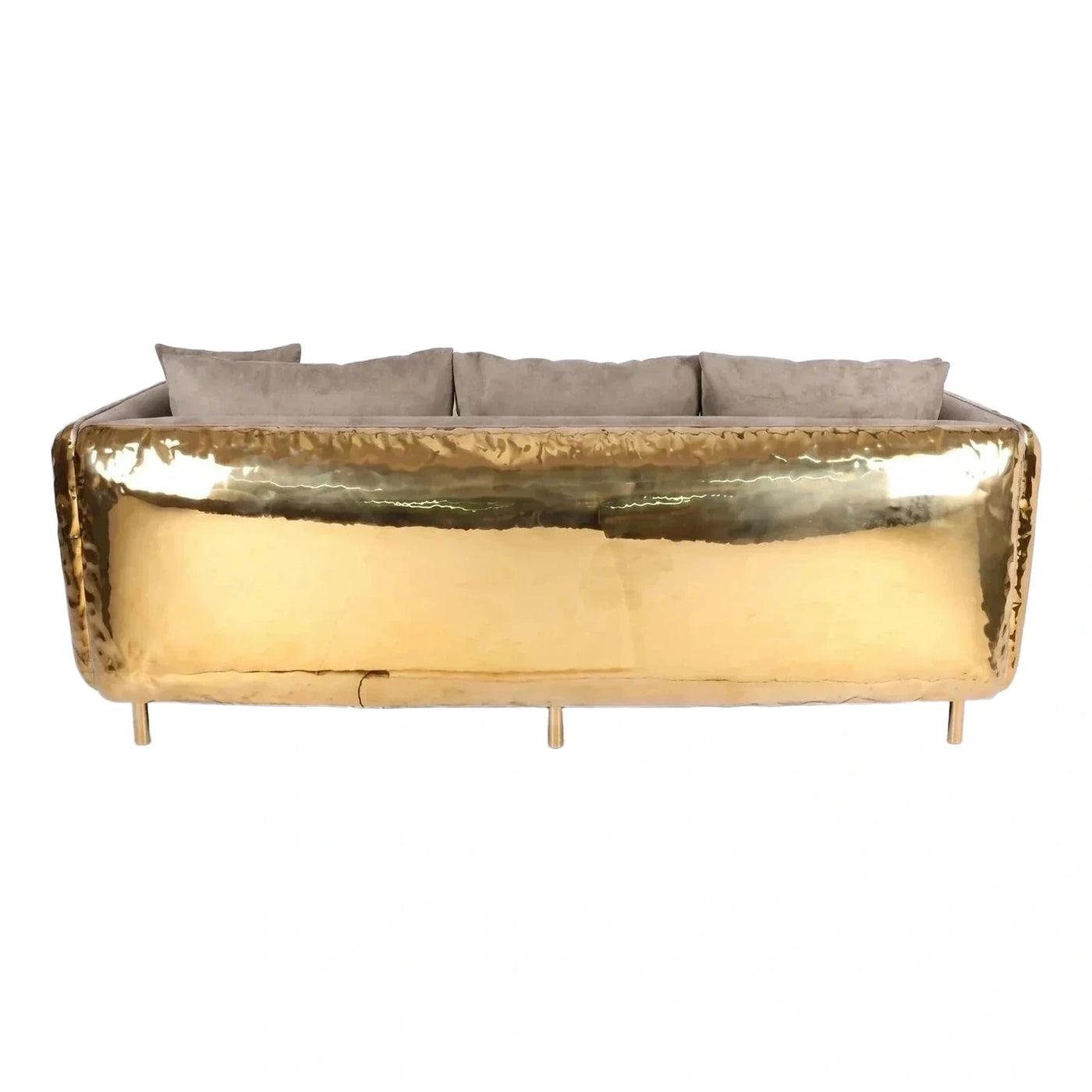 Hammered Gold Metal Frame Sofa with Taupe Cushions