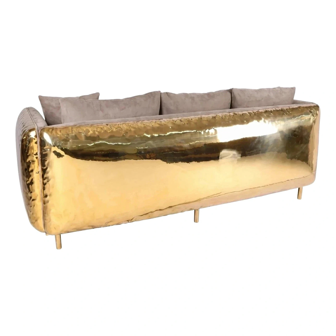 Gold Hammered Metal Sofa with Grey Velvet Cushions