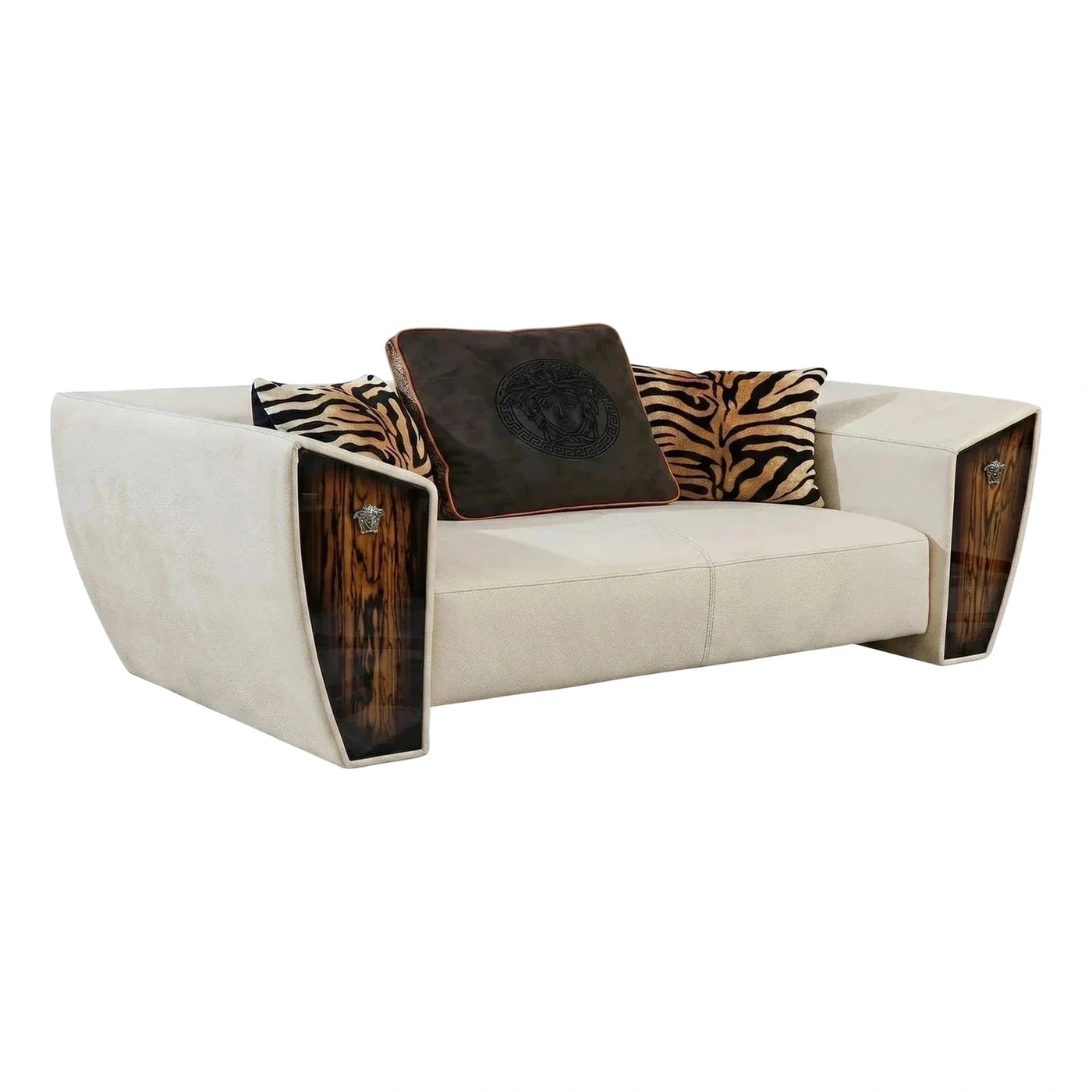 Cream Leather Sofa with Glossy Wood Armrest Panels