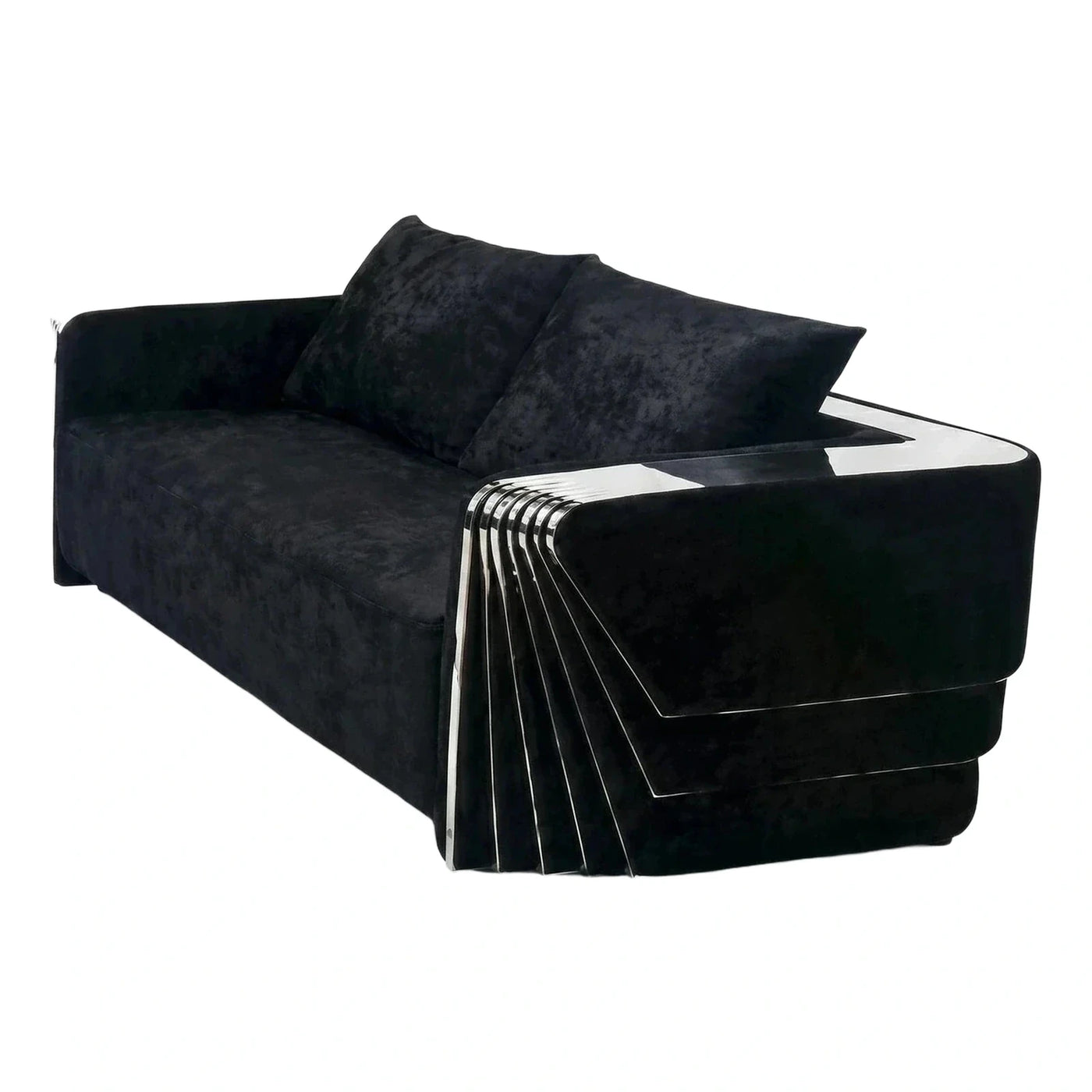 Black Velvet Sofa with Chrome Ribbed Armrests