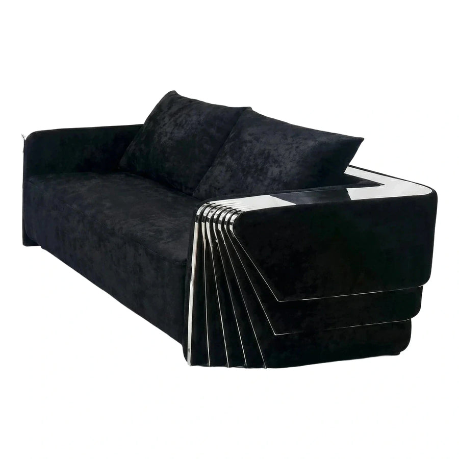 Black Velvet Sofa with Chrome Ribbed Armrests