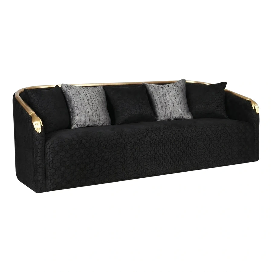 Black Geometric Velvet Sofa with Gold Hand Armrests