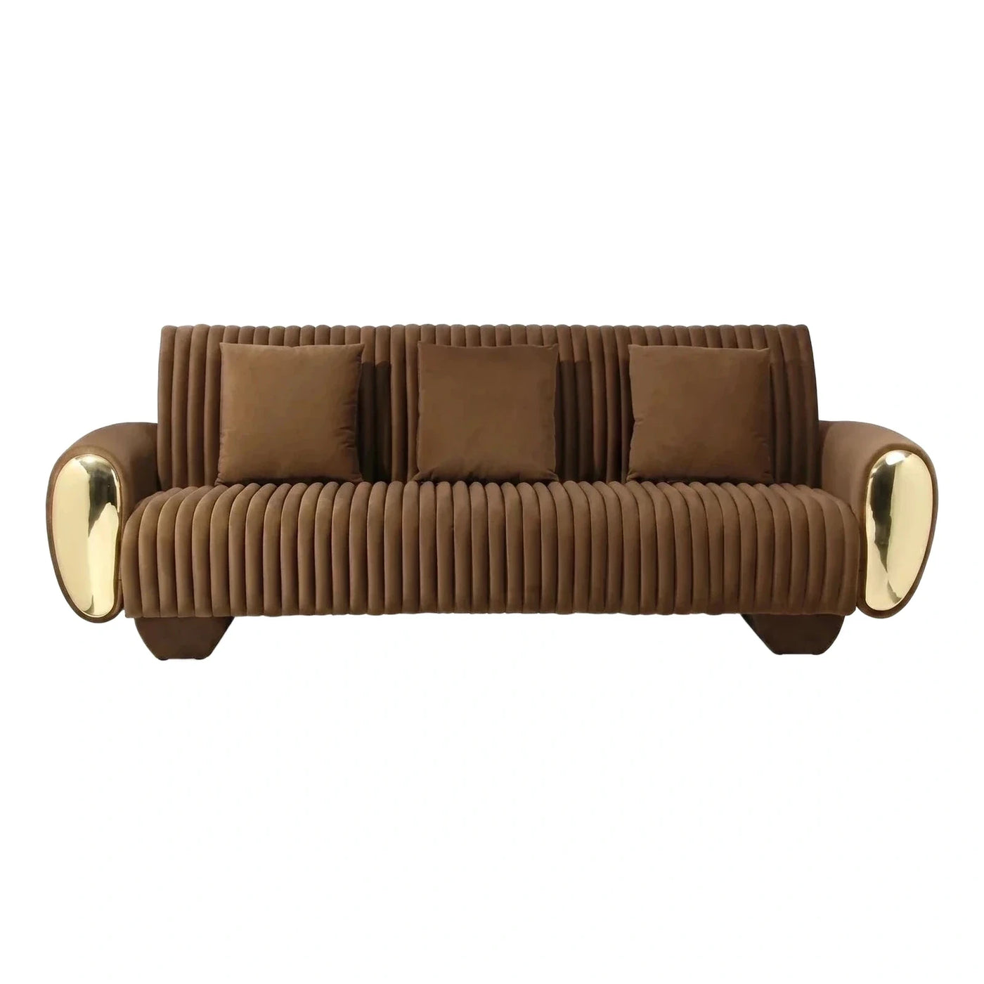 Brown Velvet Channel Tufted Sofa with Gold Accents
