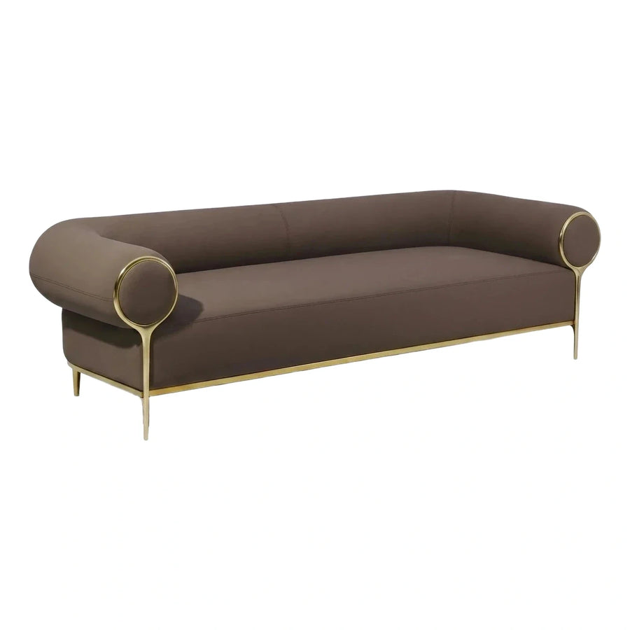 Curved Brown Leather Sofa with Gold Metal Frame
