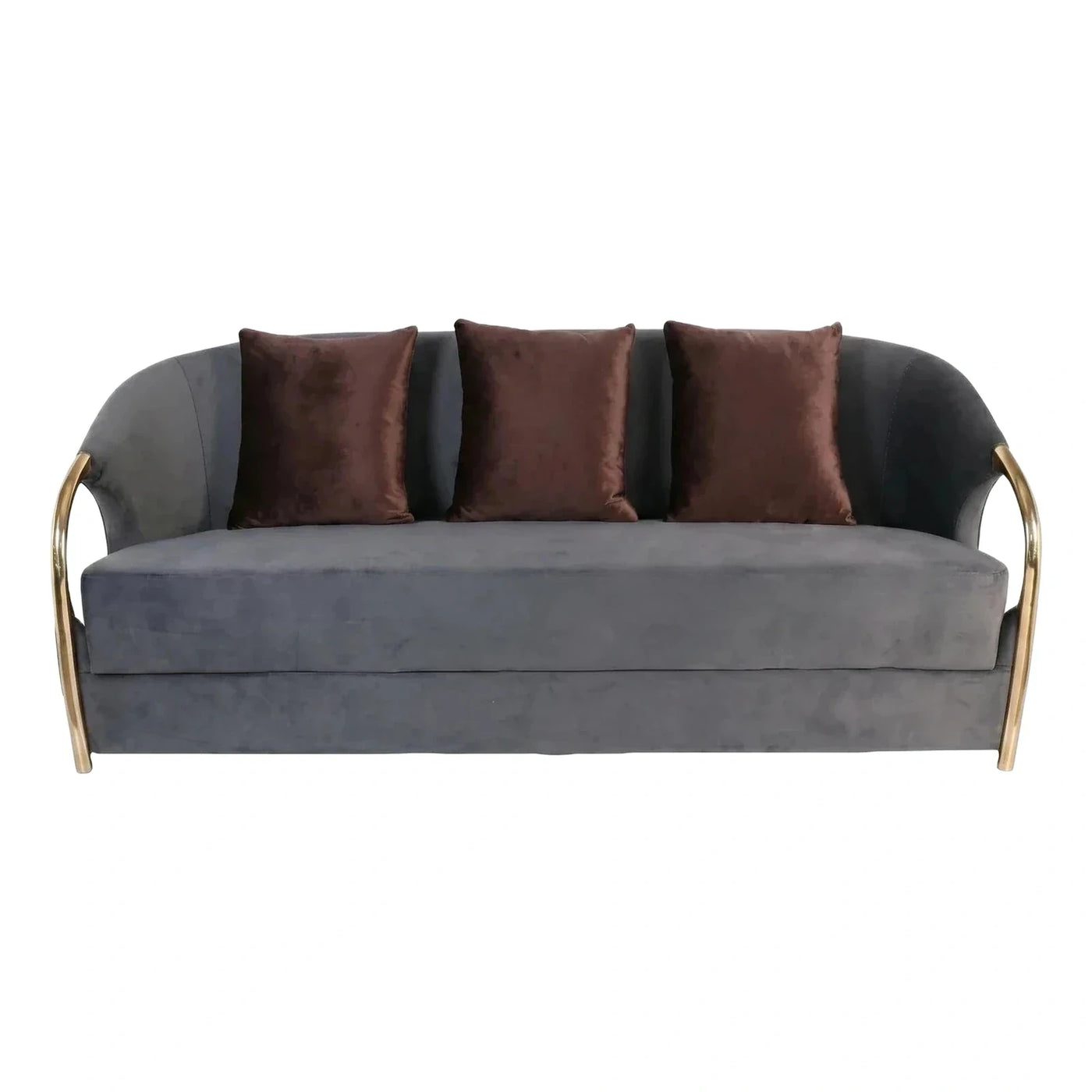 Grey Velvet Curved Sofa with Gold Metal Frame