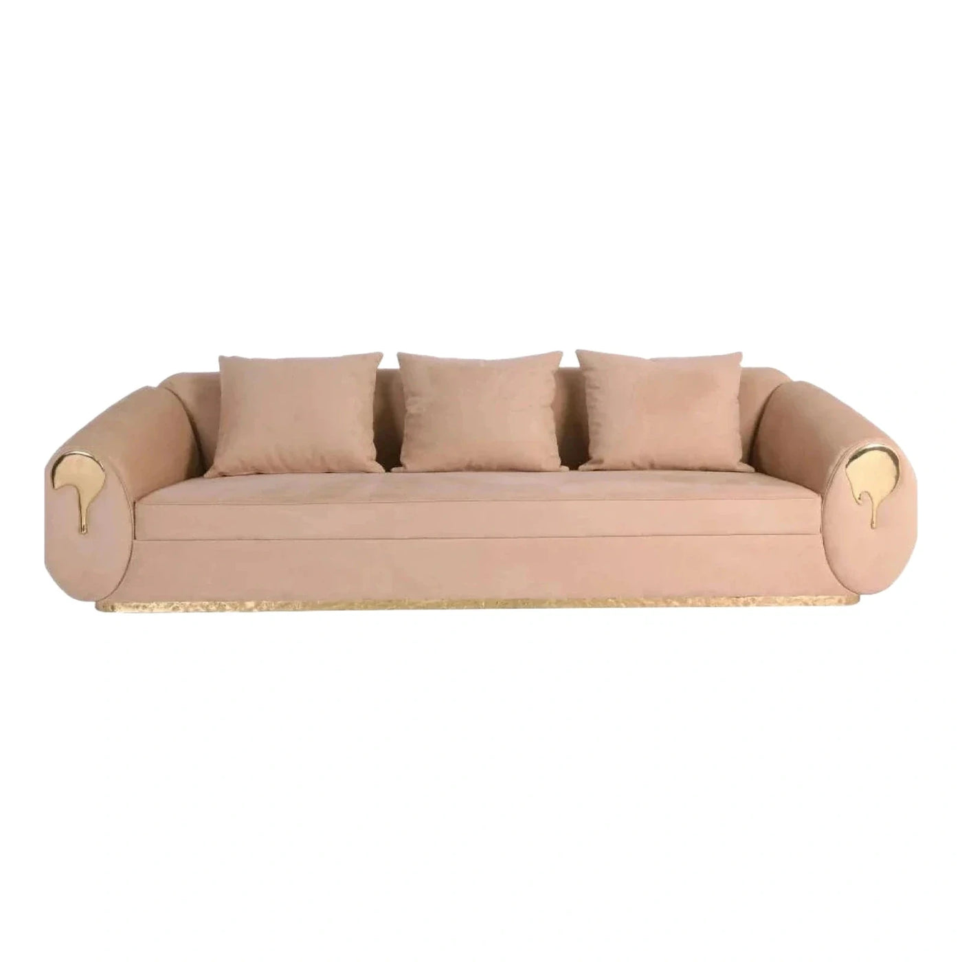 Beige Velvet Sofa with Gold Arm Accents