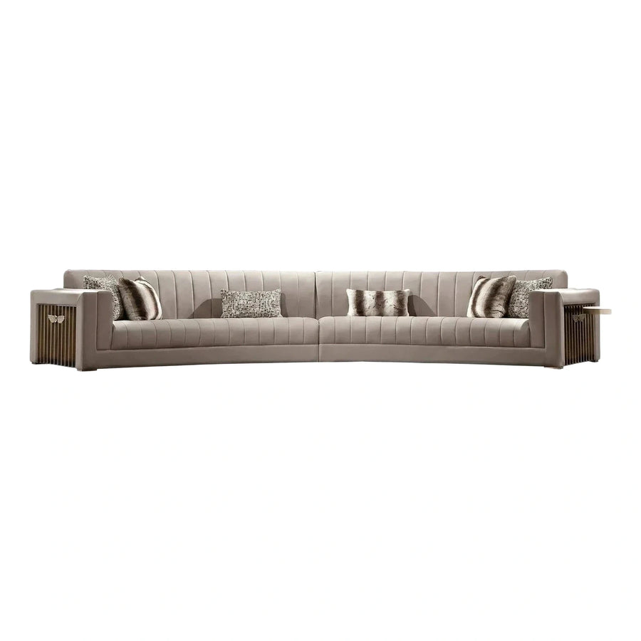 Luxury Beige Leather Sofa with Fluted Armrests