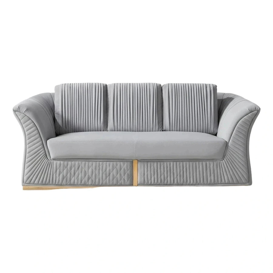 Modern Grey Pleated Leather Sofa with Gold Base