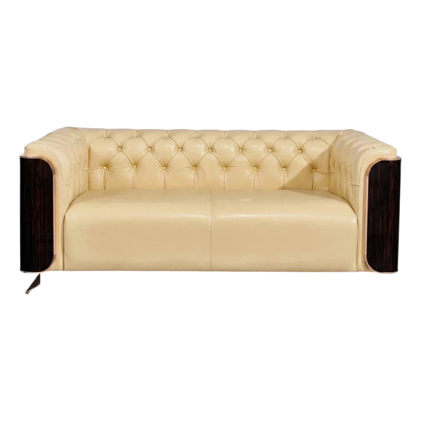 Cream Leather Tufted Sofa with Dark Wood Sides