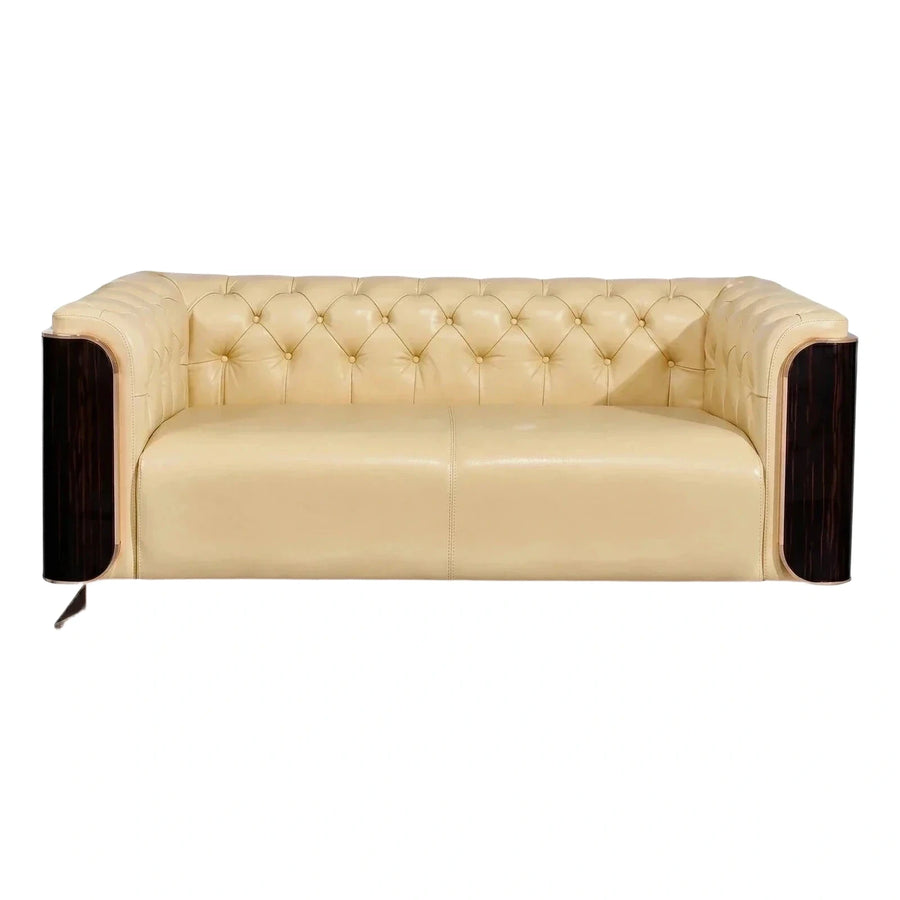 Cream Leather Tufted Sofa with Dark Wood Sides
