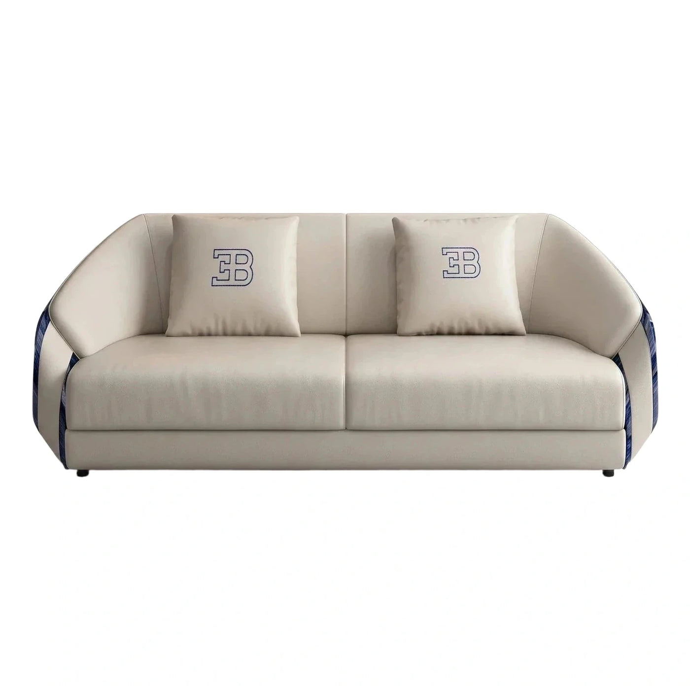 Modern Cream Leather Sofa with Blue Accents