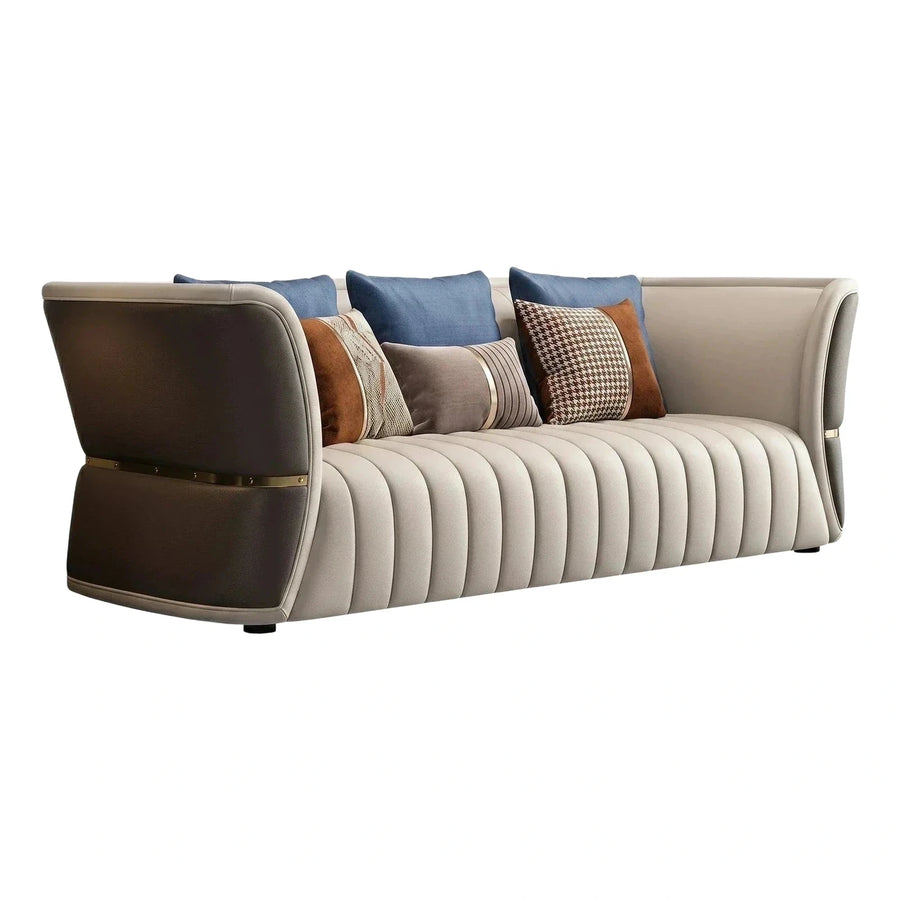 Modern Cream Leather Sofa with Vertical Channel Tufting