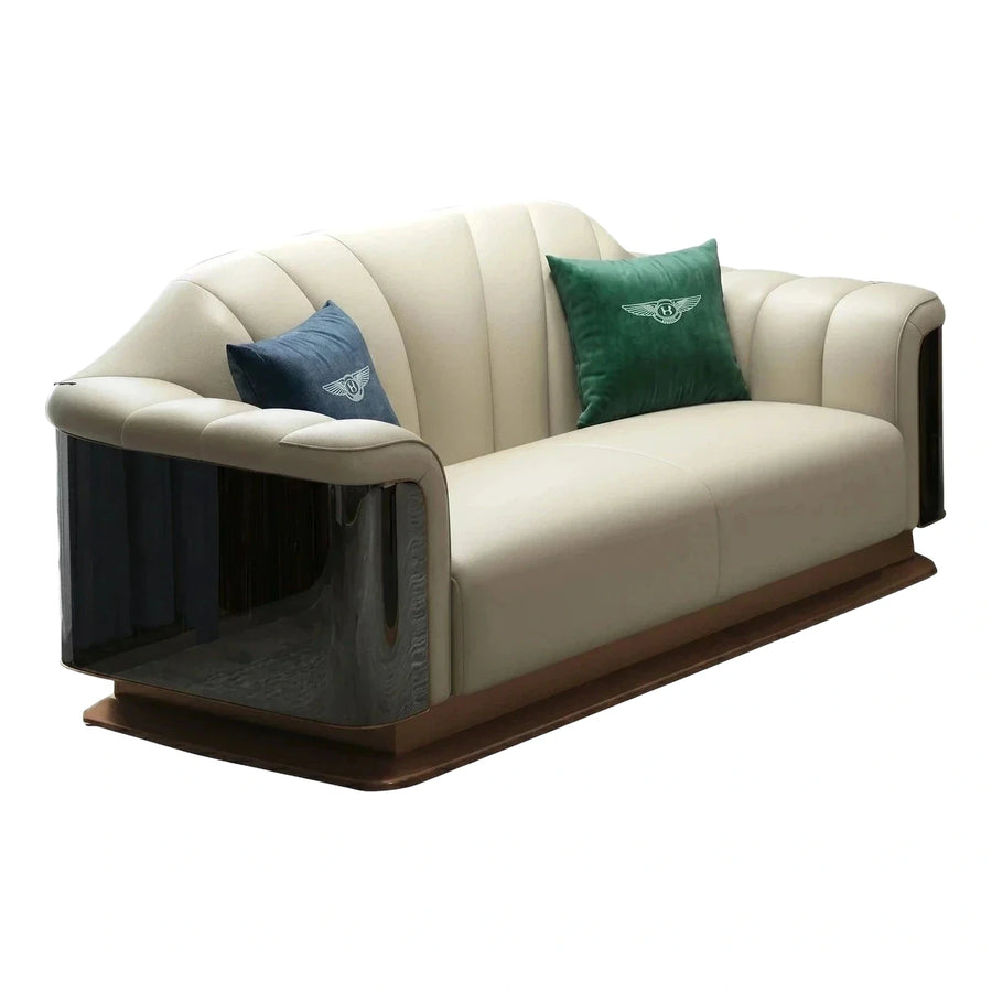 Modern Cream Leather Sofa with Dark Glossy Wood Base