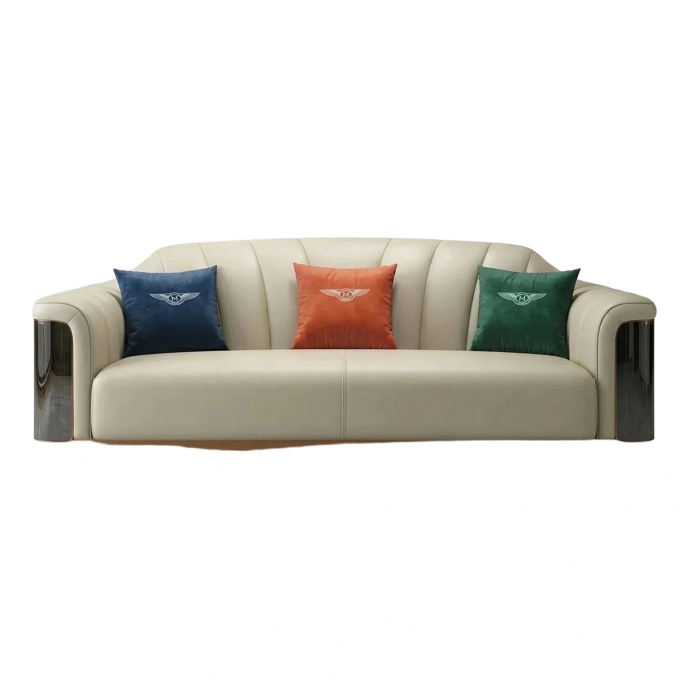 Cream Leather Sofa with Wood Base and Channel Tufting
