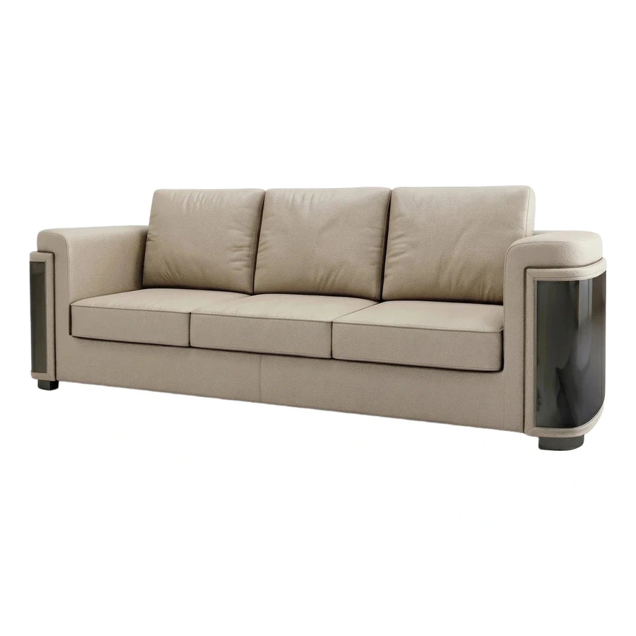 Modern Beige Leather Sofa with Glossy Side Panels