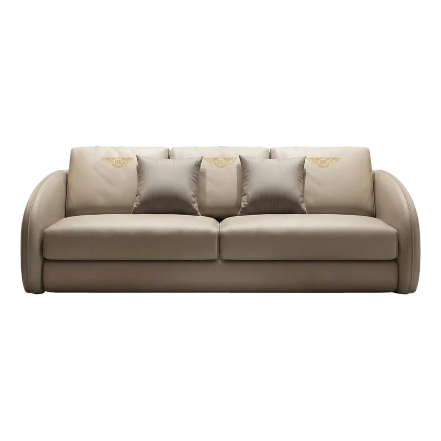 Beige Leather Sofa with Gold Winged Logo Embroidery