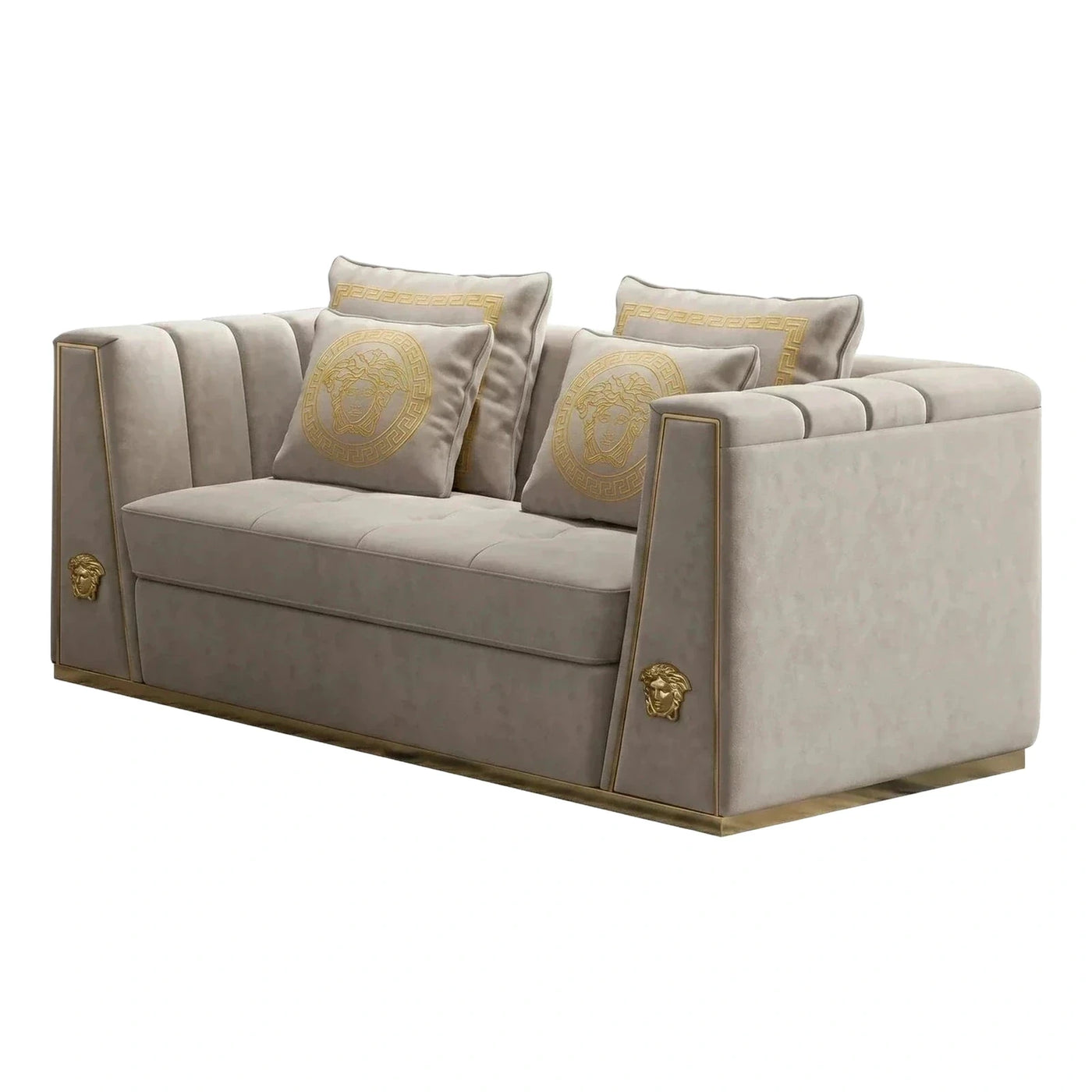 Luxury Beige Velvet Sofa with Gold Medusa Accents