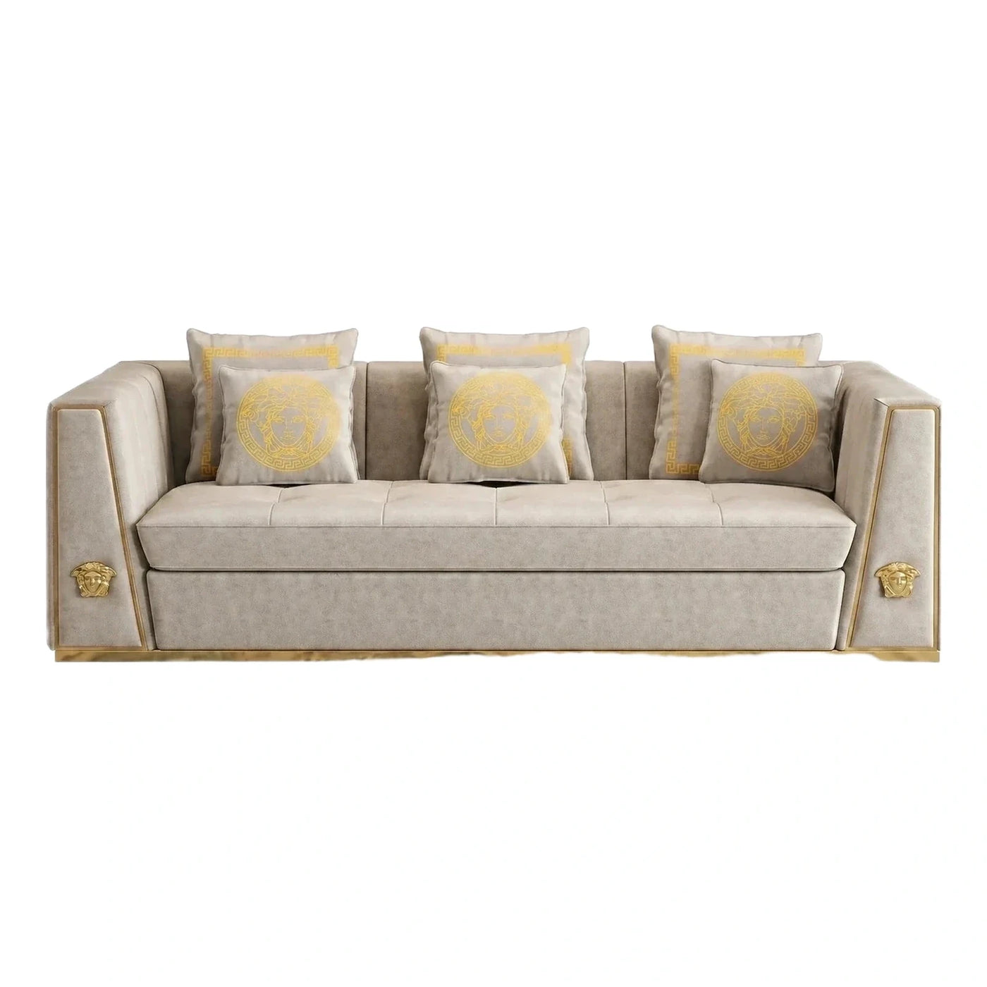 Beige Velvet Sofa with Gold Trim and Medusa Motifs