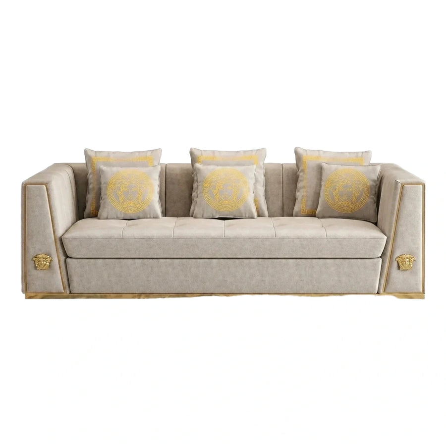 Beige Velvet Sofa with Gold Trim and Medusa Motifs