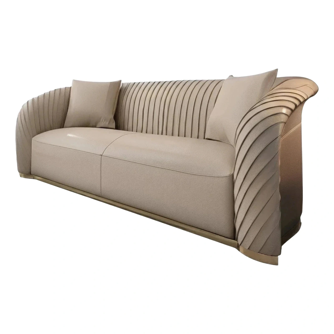 Modern Beige Leather Sofa with Channel Tufting and Metal Base