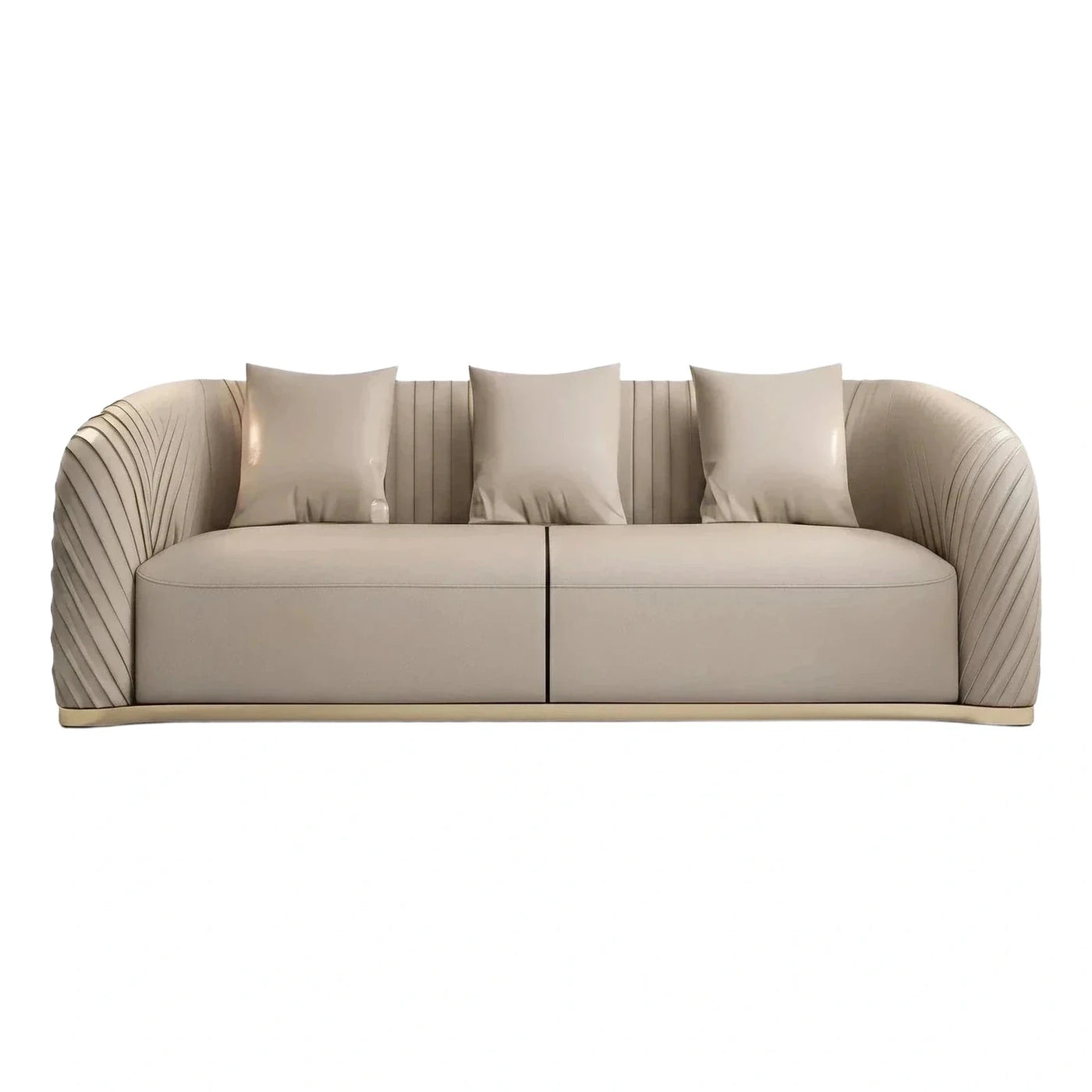 Contemporary Beige Pleated Leather Sofa with Gold Base