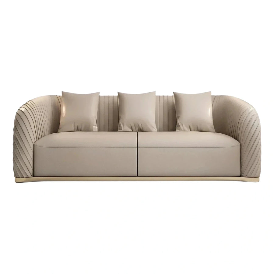 Contemporary Beige Pleated Leather Sofa with Gold Base