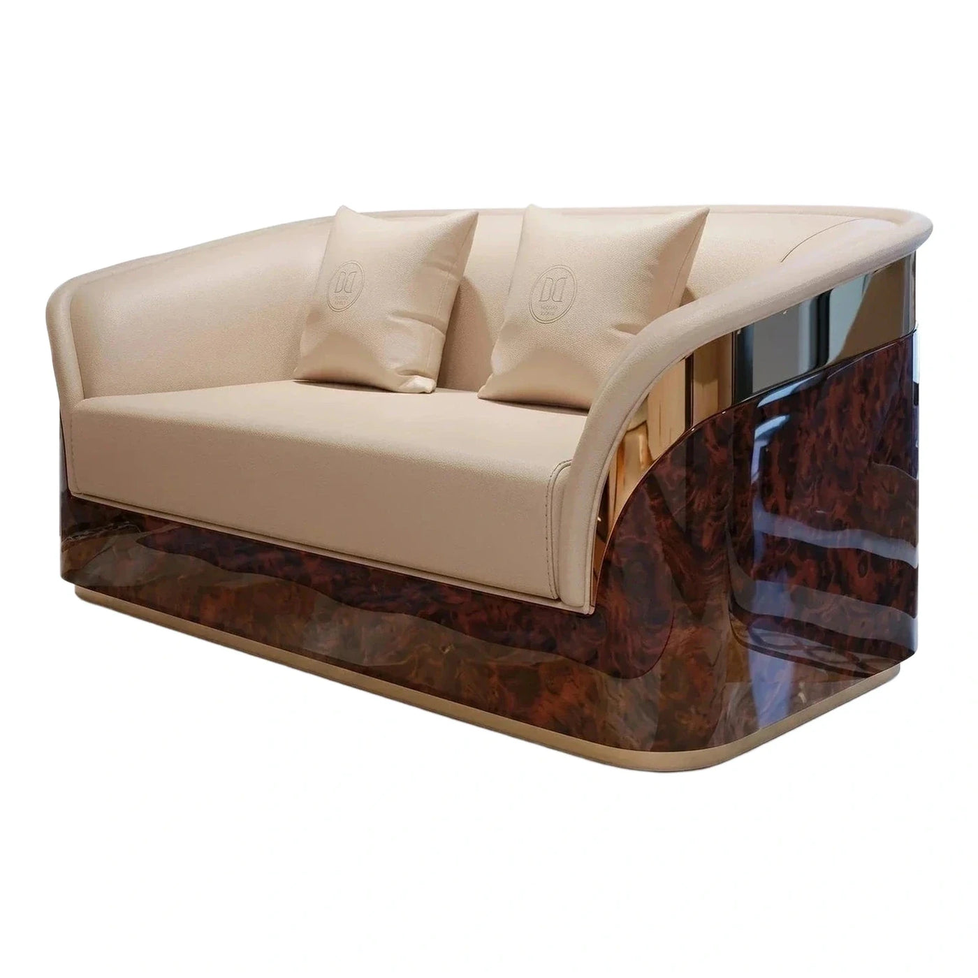 Curved Cream Leather Sofa with Glossy Wood Base