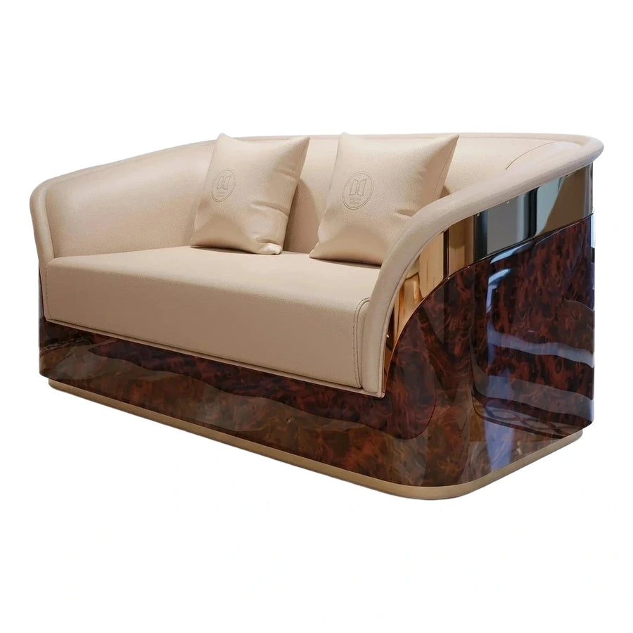 Curved Cream Leather Sofa with Glossy Wood Base