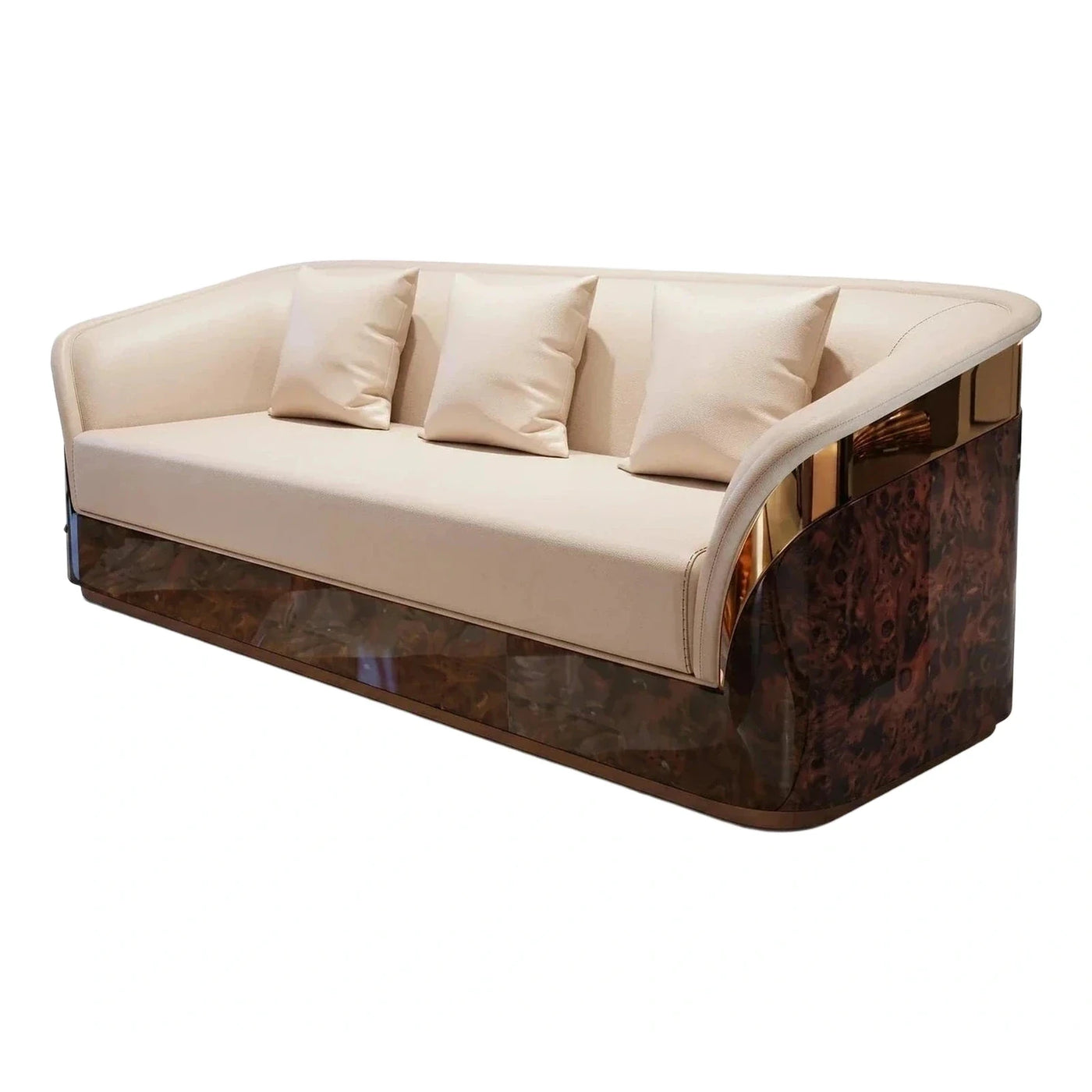 Cream Leather Sofa with Glossy Burl Wood Base