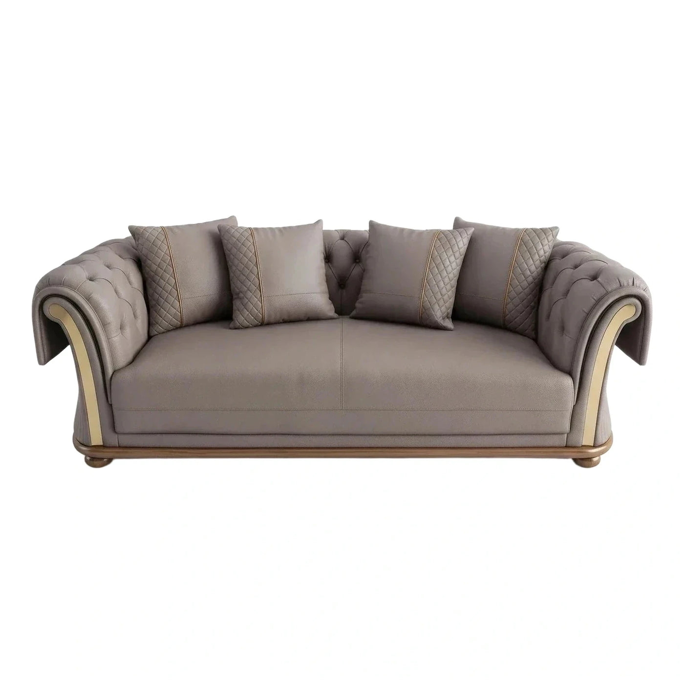 Taupe Leather Sofa with Tufted Back and Wood Base