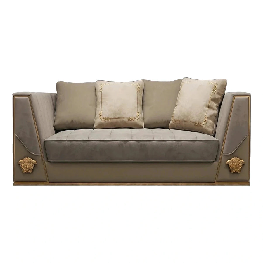 Luxury Beige Velvet Sofa with Gold Medusa Accents
