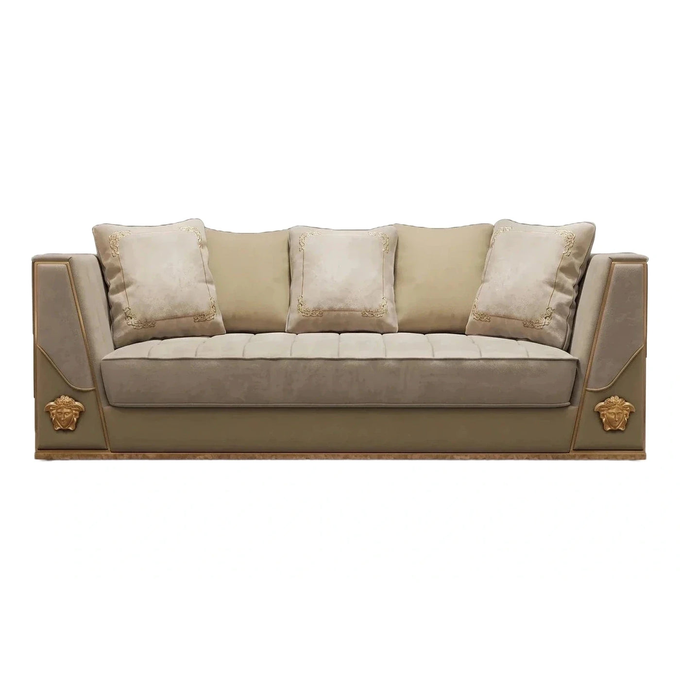 Luxury Beige Velvet Sofa with Gold Medusa Accents