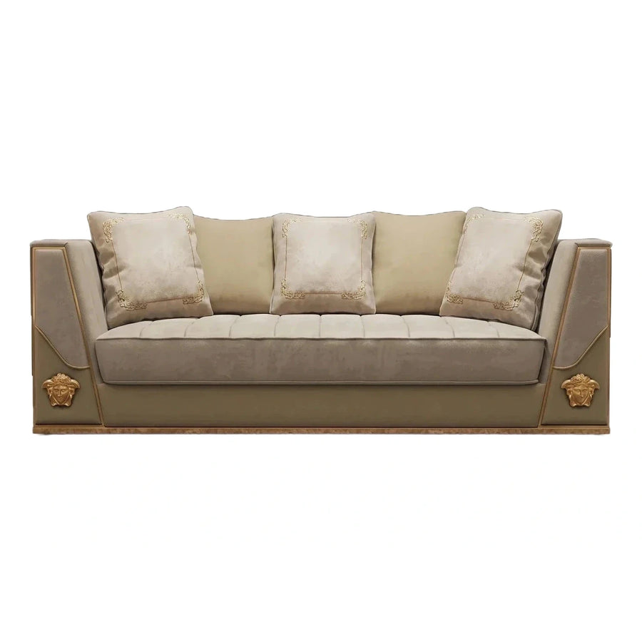Luxury Beige Velvet Sofa with Gold Medusa Accents