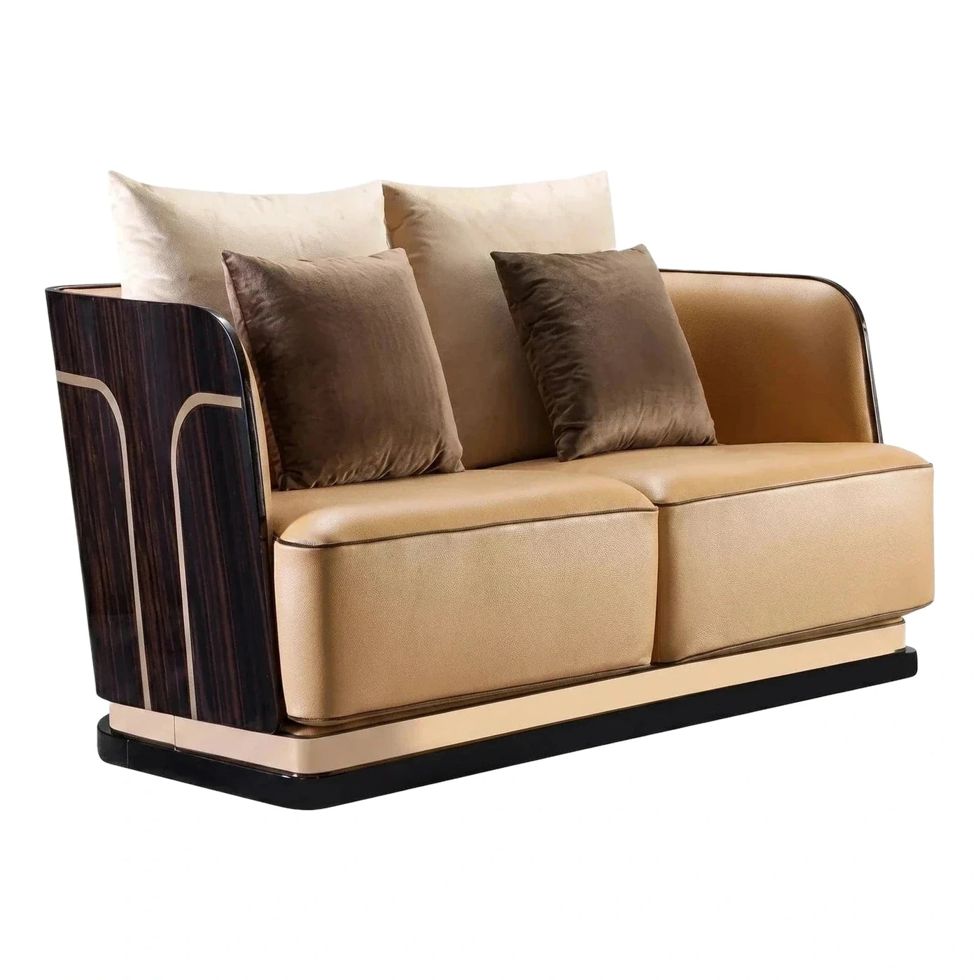 Luxury Tan Leather Sofa with Dark Wood Sides