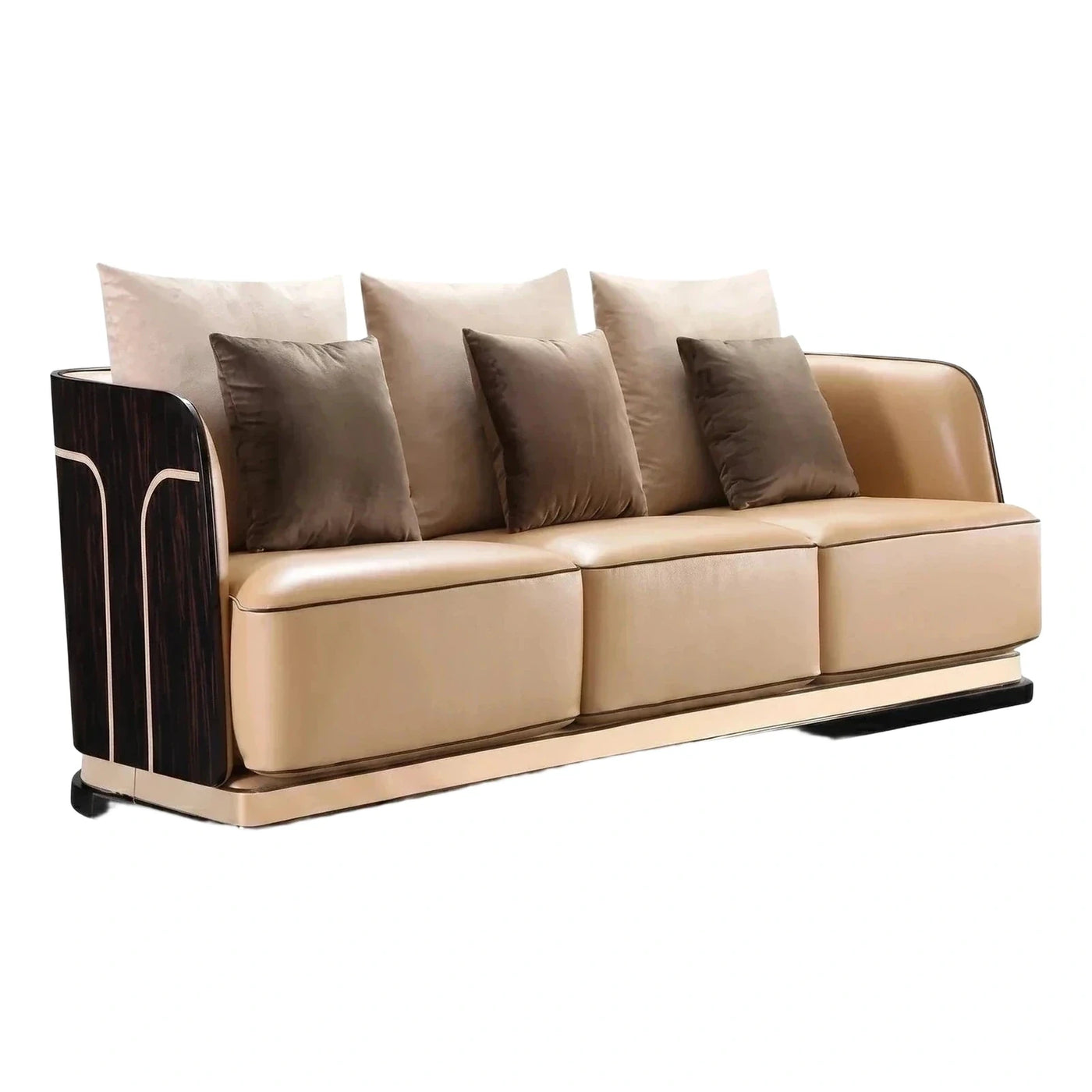 Modern Beige Leather Sofa with Dark Wood Arms