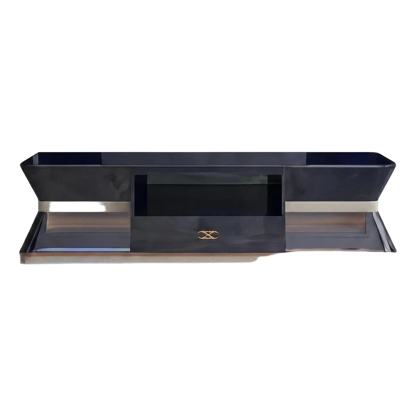 Modern Glossy Dark Blue Media Console with Gold Accents