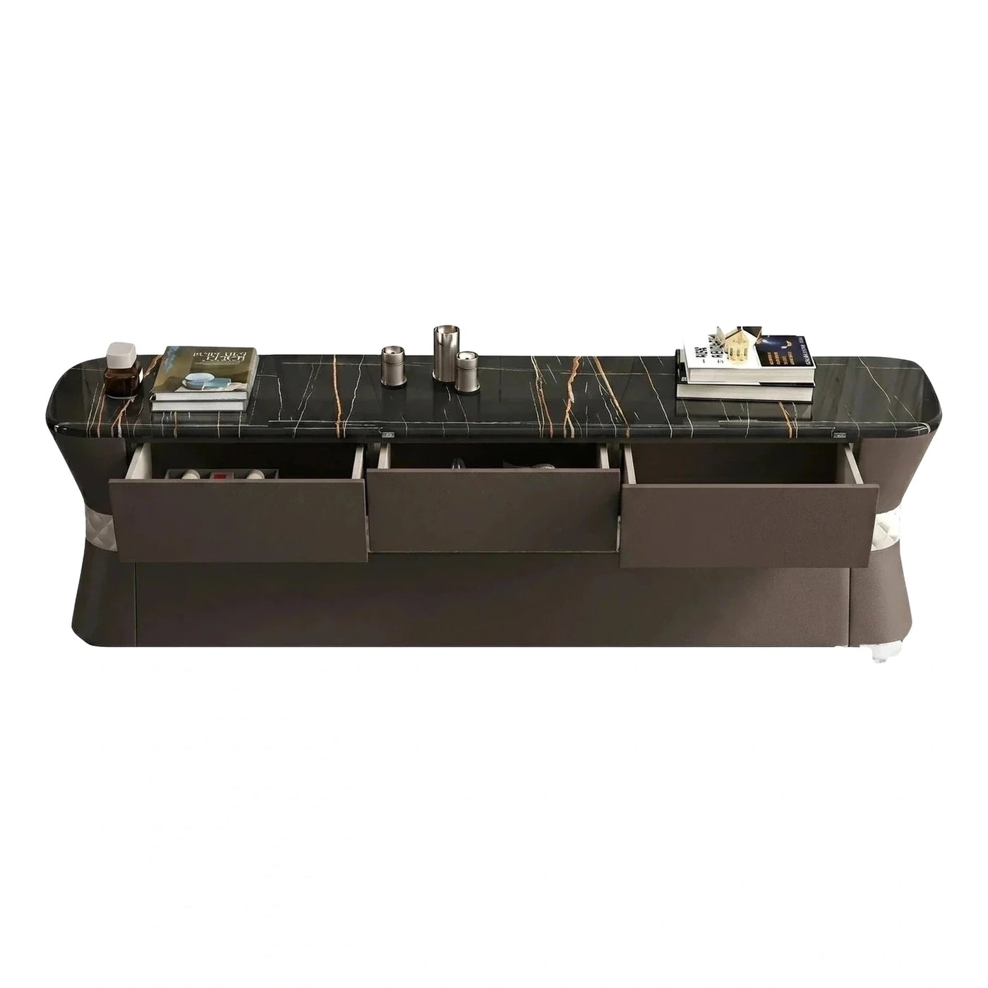 Modern Black Marble Top Media Console with Drawers