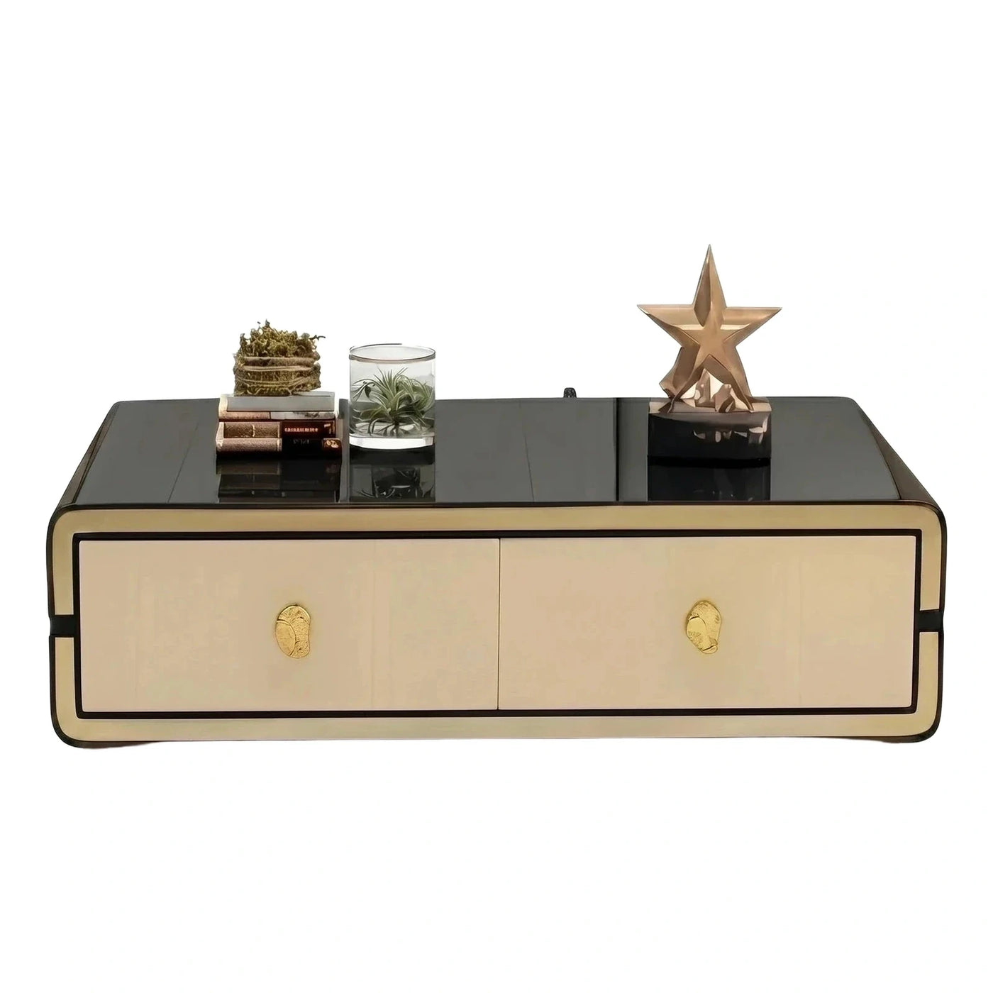 Modern Cream and Black TV Stand with Gold Handles