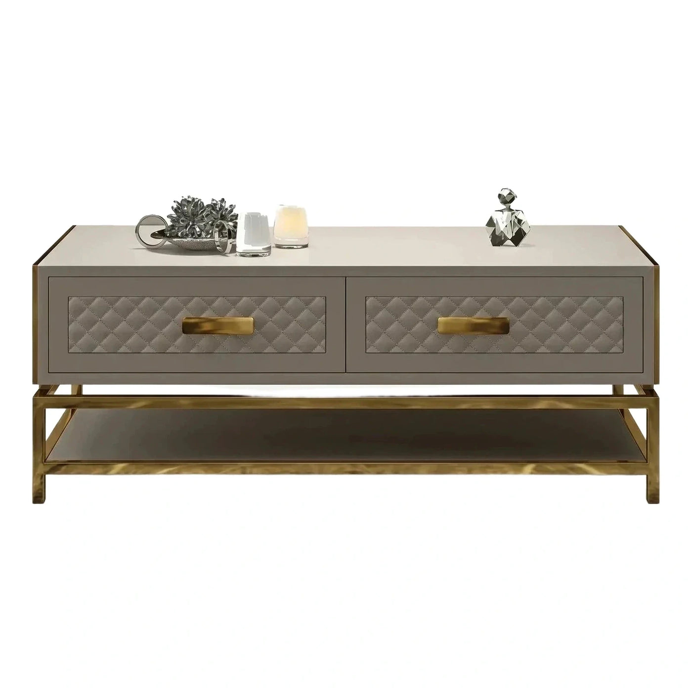Modern Grey Quilted TV Stand with Gold Base