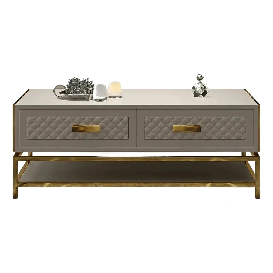 Modern Grey Quilted TV Stand with Gold Base