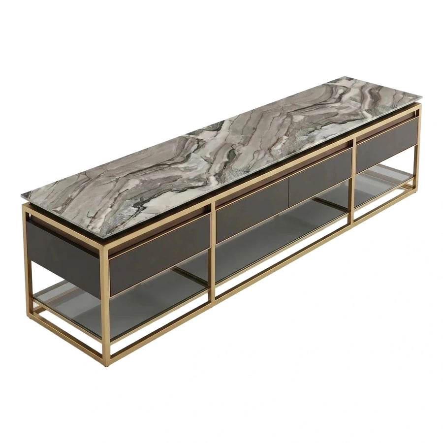 Luxury Gold Frame Media Console with Marble Top