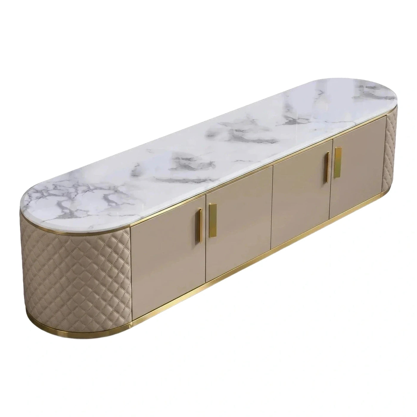 Modern Beige Quilted Media Console with Marble Top