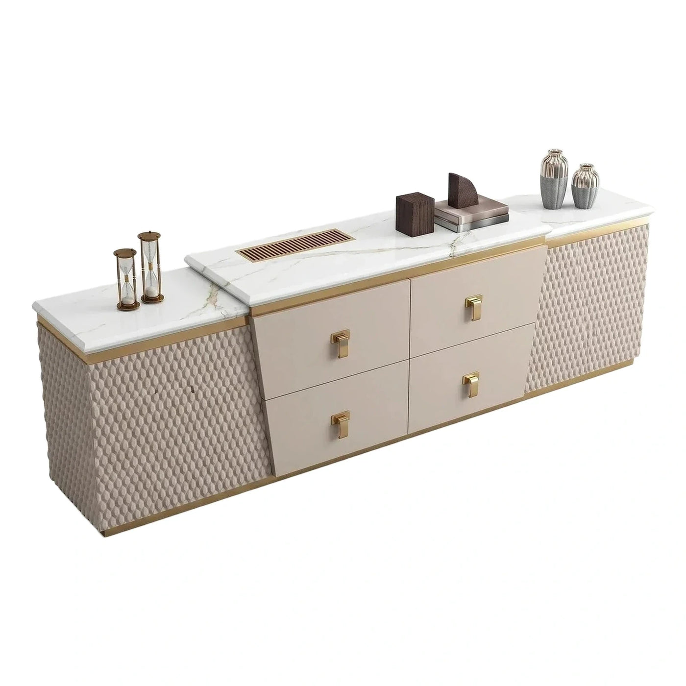 Cream Textured Media Console with White Marble Top