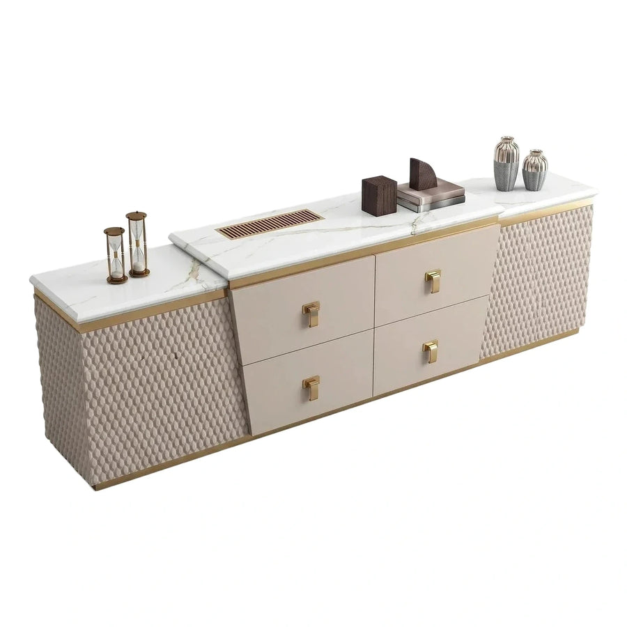 Cream Textured Media Console with White Marble Top