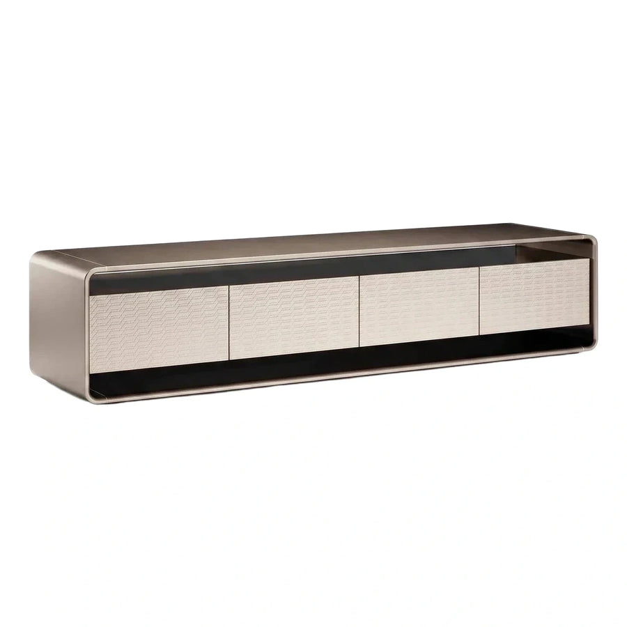 Modern Bronze Metal Media Console with Textured Cream Panels